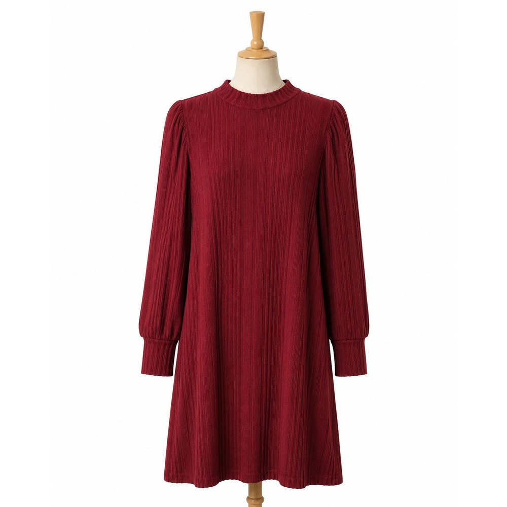 Maurices Ribbed Knit Dress Women 1X Burgundy Excellent Mock Neck Puff Sleeve